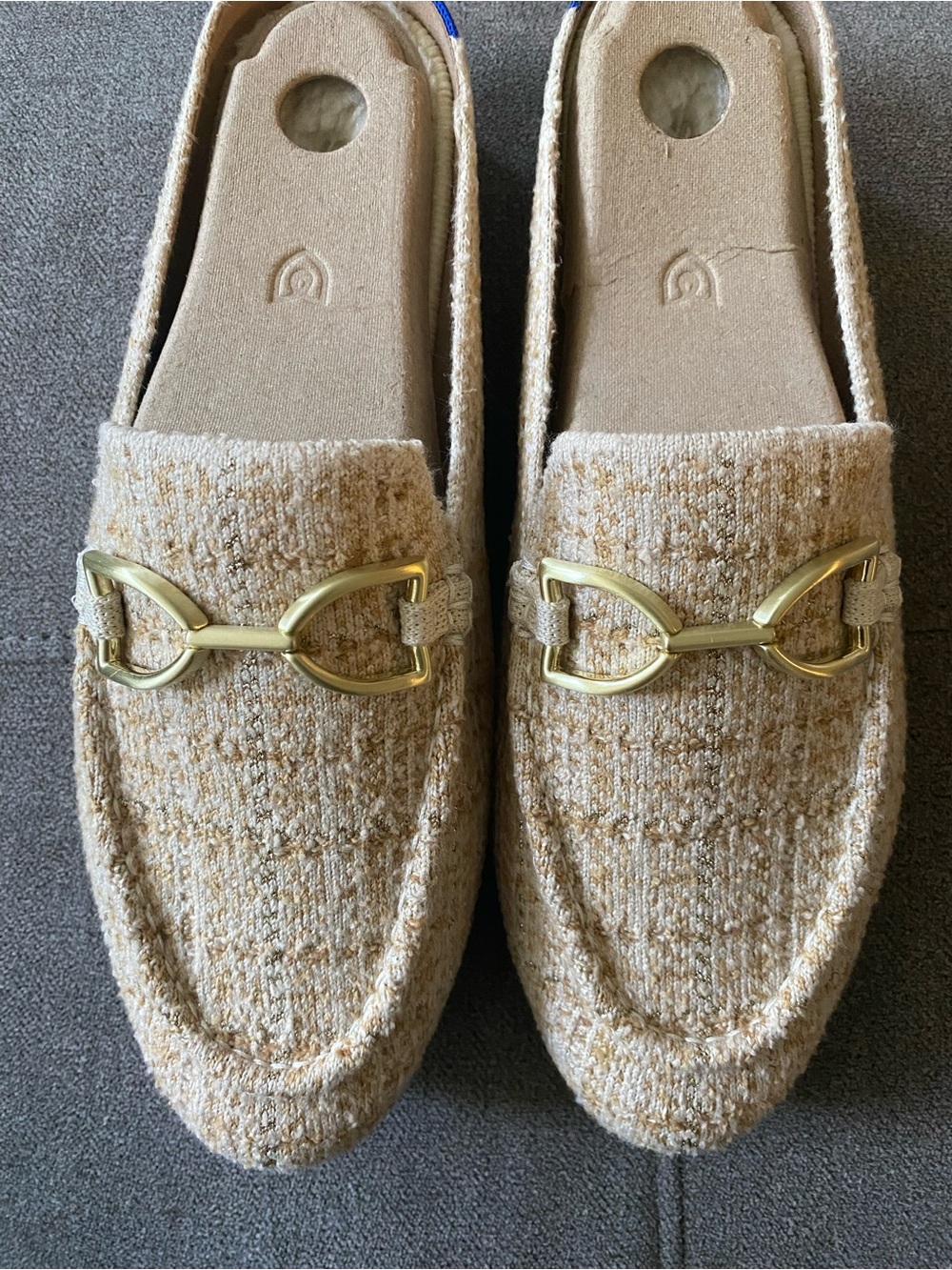 Rothy's Beige Tweed Loafers with Gold Bit Detail